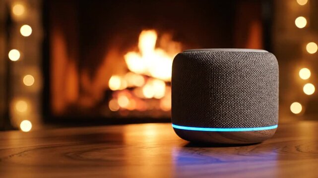 Smart speaker on wooden table by cozy fireplace at home