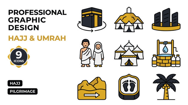 Hajj And Umrah Islamic Pilgrimage Icons Set With Kaaba And Zamzam Well