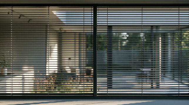 Modern horizontal blinds cover large glass patio doors in a contemporary home. Ideal for real estate, smart home automation, and interior design concepts.