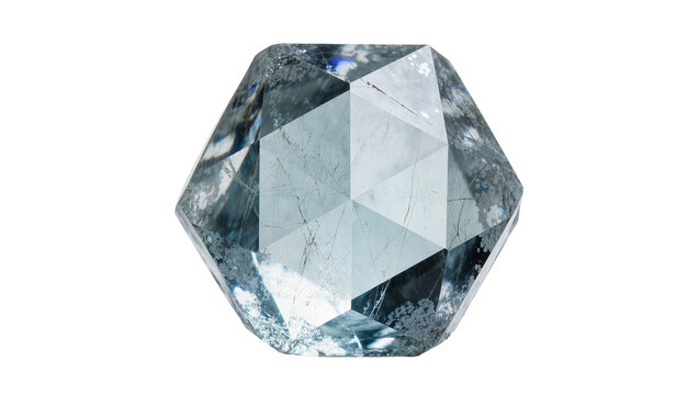 Isolated light blue-grey raw diamond crystal with irregular facets and natural inclusions.