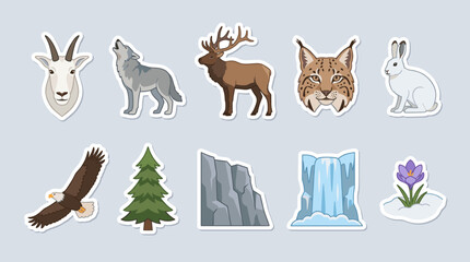Obraz premium Collection of cartoon stickers featuring various mountain animals, a pine tree, a cliff, a waterfall, and a crocus flower.