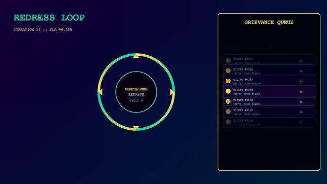 Digital ai accountability frameworks displayed through animated circular progress icons and live ticket queue data updates showing iterative system performance monitoring on dark blue screens
