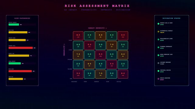 Digital displays showcasing ai accountability frameworks in a dark theme interface featuring multiple animated data charts and metrics for monitoring complex system performance and analytics