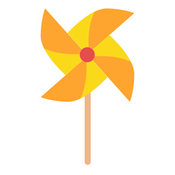 Yellow and orange pinwheel spinning in wind, toy vector illustration icon graphic.