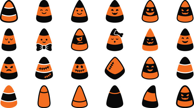 Set of cute cartoon candy corn characters with various funny faces for halloween celebration isolated on transparent background