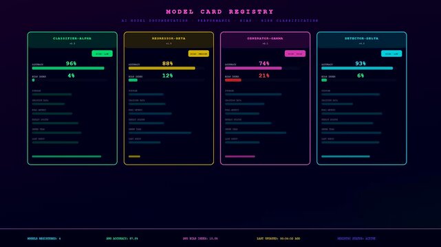 Digital ai accountability frameworks displayed on a dark virtual monitoring interface showing multiple model cards with neon progress bars and glowing performance status metrics in motion