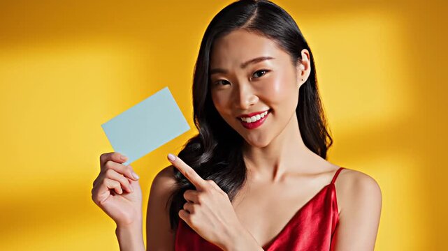 Smiling Asian woman holding blank card on yellow background