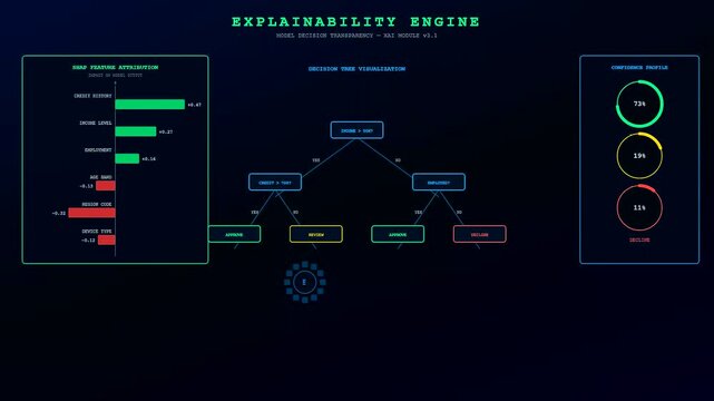 Ai accountability frameworks displayed on a dark glowing screen showing animated bar charts decision trees and circular probability gauges for complex data analysis visualization tasks