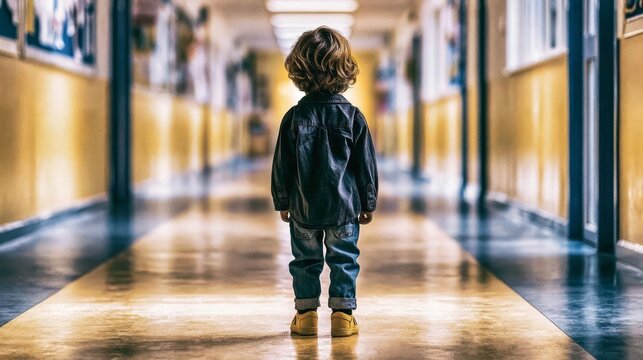 Rear View of Young Child Standing Inside Empty Hallway with Soft Lighting