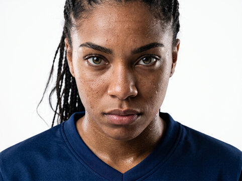 Intense Gaze: A close-up portrait of a female athlete, her determined expression and focused eyes conveying deep concentration and resilience before a competition.