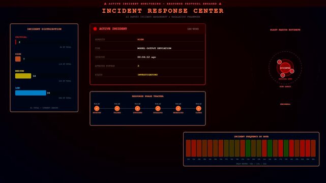 Monitoring data streams with ai accountability frameworks during a digital crisis assessment showing critical alerts and statistical charts displayed on a dark virtual interface screen