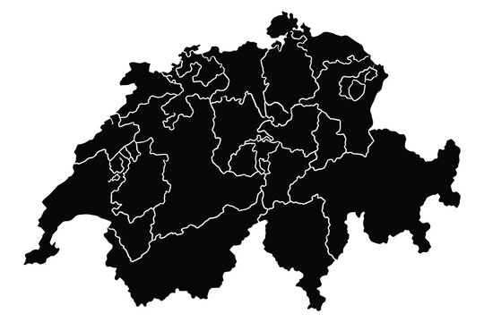 Black silhouette map of switzerland with administrative canton borders, switzerland