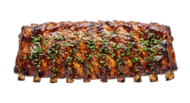 A delicious rack of barbecue pork ribs glazed with savory sauce and garnished with fresh chives, isolated on a clean white background.