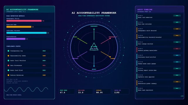 Digital displays showing ai accountability frameworks and evolving governance data panels during a live monitoring session where multiple software graphs shift in a dark workspace