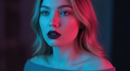 Obraz premium Portrait of beautiful woman with red and blue neon lighting dramatic makeup dark lips striking blue eyes glamorous fashion style elegant beauty glow.