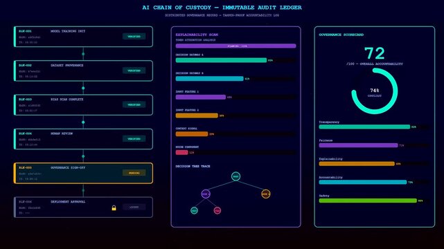 Digital displays showing ai accountability frameworks and systematic data tracking metrics with glowing neon interface elements captured in a series of animated workflow progress monitoring panels