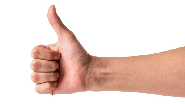Isolated close up of a human hand showing thumb up gesture for approval and success