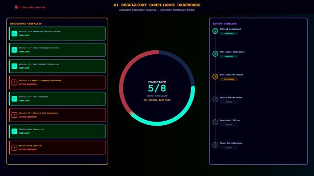 Digital displays showcasing Ai accountability frameworks in a dark interface featuring circular progress charts and red status boxes for complex software oversight systems monitor workflow