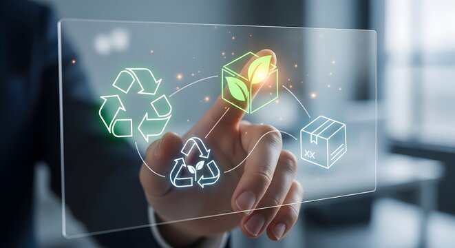 Sustainable supply chain management with green logistics and eco-friendly recycling icons on digital screen interface