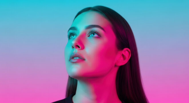Portrait of beautiful young woman looking upward with hopeful expression illuminated by bright vibrant pink and blue neon studio lighting effects.