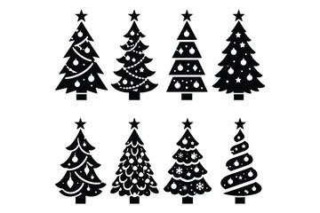 Obraz premium Set of eight decorated christmas tree silhouettes with stars and ornaments, seasonal