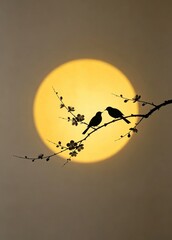 Obraz premium Minimalist oriental artistic light artwork, misty hazy background, central yellow circular glow, black-white flower branches and two interactive bird silhouette projection quiet elegant material