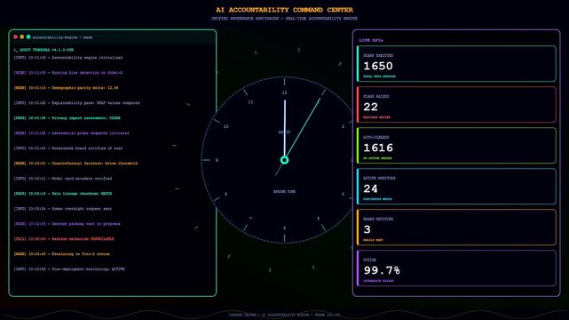 Monitoring data streams with AI accountability frameworks shown through a digital interface displaying changing metrics and numbers within a dark screen environment at a workstation