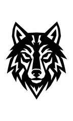 Fototapeta premium Stylized geometric wolf head emblem with sharp tribal aesthetics and bold angular lines isolated on a white background, minimal animal logo design concept