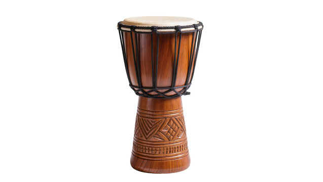 Isolated djembe, traditional West African hand drum with ornate carved wood and skin head