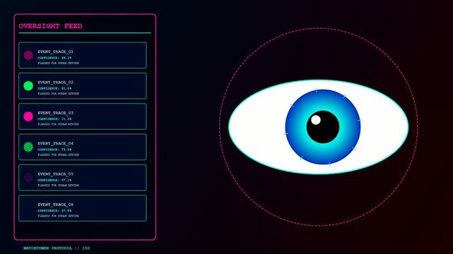 Digital ai accountability frameworks displayed through a series of glowing eyes and data feed tracking panels showing evolving metrics in a dark virtual network environment