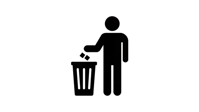 Isolated black silhouette of a person putting trash into a garbage can, recycle concept