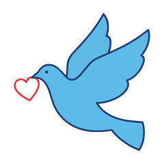 Fototapeta premium Stylized dove in flight carrying a heart shape in its beak with minimalist clean lines isolated on white background, peace and love concept