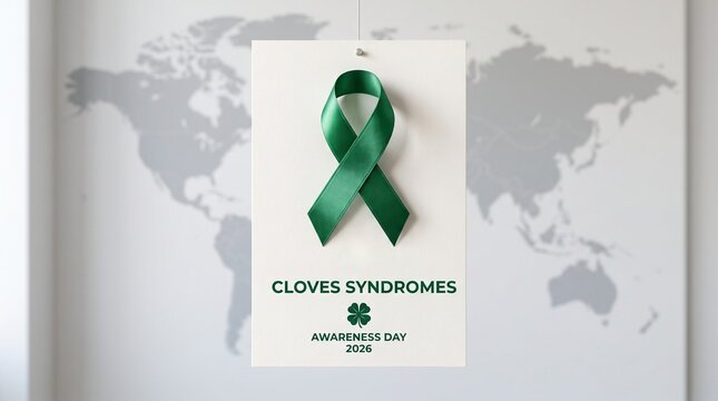 CLOVES Syndrome Awareness Day 2026 poster with green ribbon and clover icon. Professional medical advocacy graphic for rare disease awareness campaigns on a world map background.