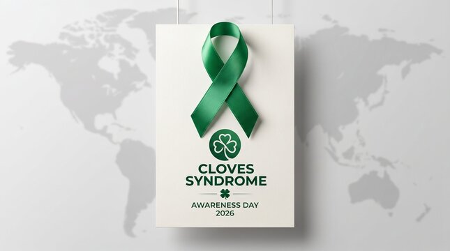 CLOVES Syndrome Awareness Day 2026 poster with green ribbon and clover logo on world map background. Professional medical advocacy graphic for rare disease support and global health awareness.