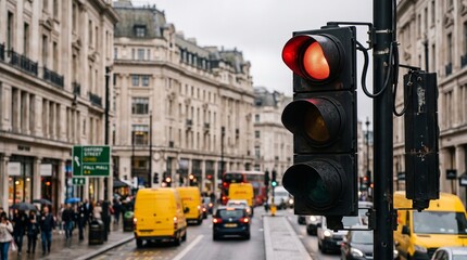 Red traffic light on a busy London street with yellow vans and red buses. Urban city traffic signal at Oxford Street during a rainy day commute. © Syed