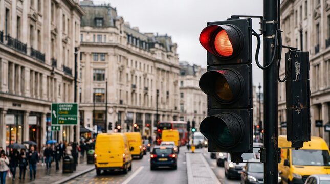Red traffic light on a busy London street with yellow vans and red buses. Urban city traffic signal at Oxford Street during a rainy day commute.
