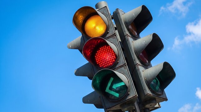 Traffic light with all lights on showing red, yellow, and green arrow. Confusing urban signal against blue sky for road safety and transportation concepts.