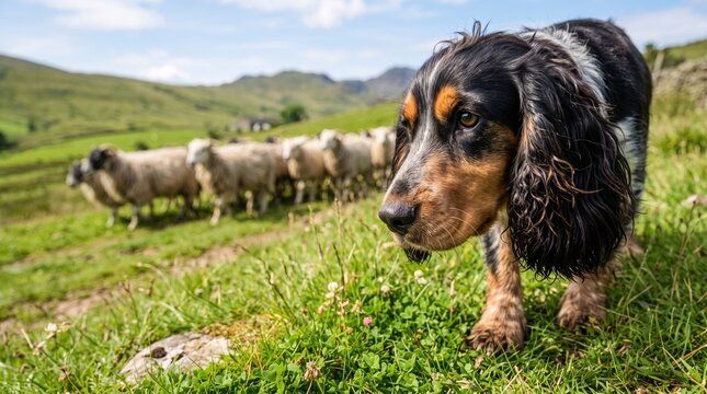 Black and tan spaniel dog herding sheep in a green meadow landscape