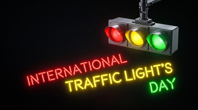 International Traffic Light Day 3D neon sign with glowing red, yellow, and green signals on black background. Digital illustration for road safety awareness and holiday celebration.