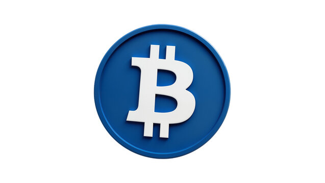 Isolated 3D render of a glossy blue Bitcoin cryptocurrency symbol on a shiny round coin icon
