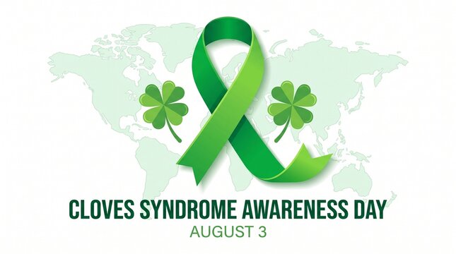 CLOVES Syndrome Awareness Day August 3 graphic with green ribbon, four-leaf clovers, and world map background for medical rare disease advocacy and healthcare education.