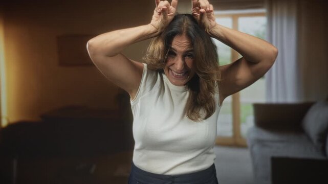 Woman with bare arms and hands making horns gesture over head, smiling in a white tanktop inside a livingroom building; playful mischief.