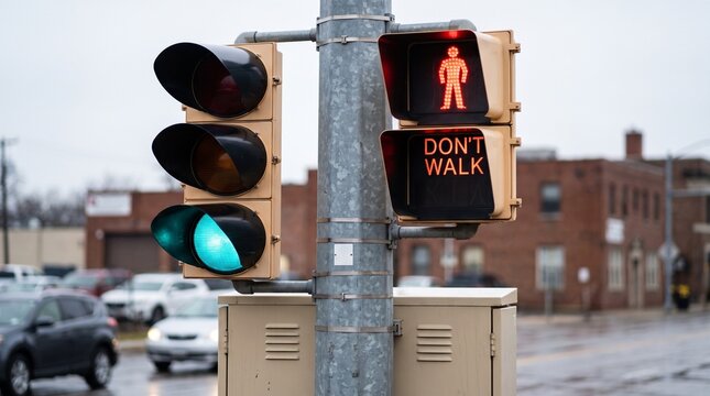 Green traffic light and red pedestrian signal with Don't Walk text at urban street intersection.