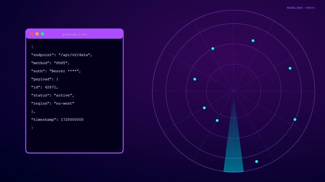 A digital api integration display cycles through data packets shown as nodes on a circular grid radar with glowing user interface windows on dark purple backgrounds