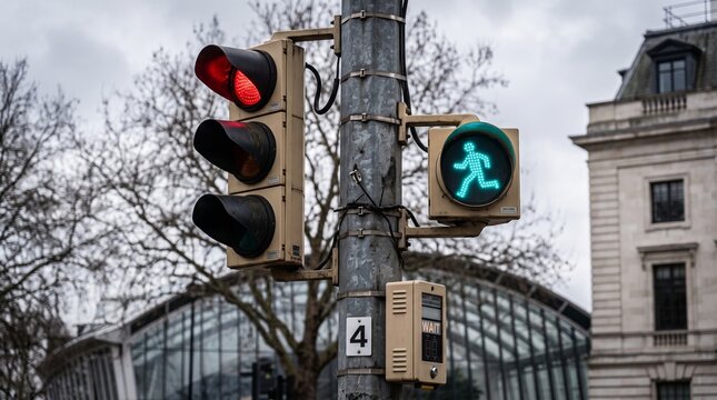Green pedestrian crossing signal and red traffic light on urban street pole. Close-up of walking man symbol with city architecture background. Ideal for urban safety and transportation themes.