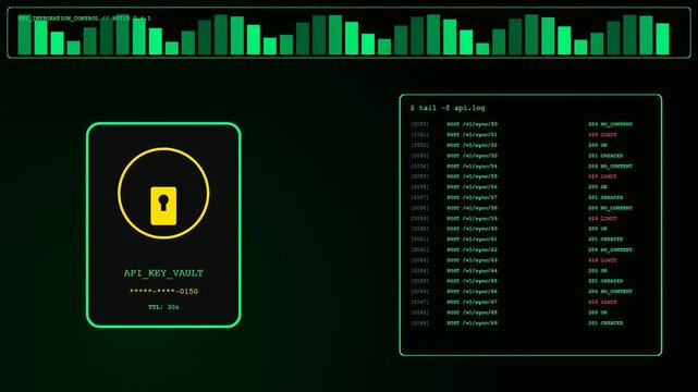 A digital api integration interface displays rapid server request processing with glowing green waveform visuals and lock icons indicating secure data authentication during system operations