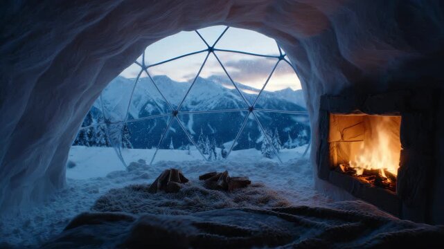 Inside of igloo with warm fireplace and snow outside.