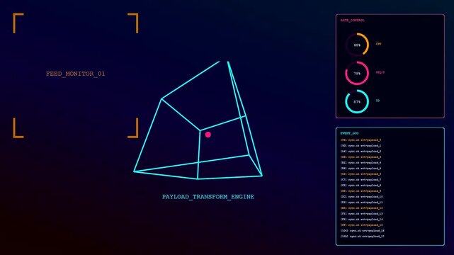 An api integration visualization shows shifting wireframe cubes with circular percentage trackers and scrolling data logs on a dark virtual screen interface for digital software projects