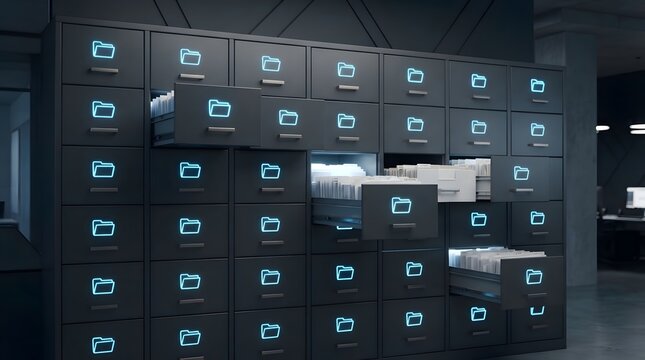 Futuristic digital filing cabinet with glowing neon folder icons for data storage and management