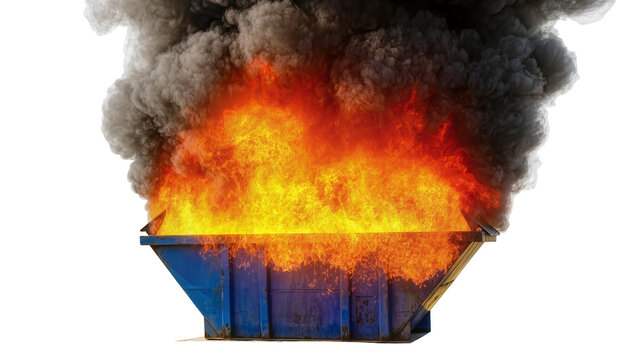 Isolated industrial blue dumpster engulfed in raging flames and thick dark smoke